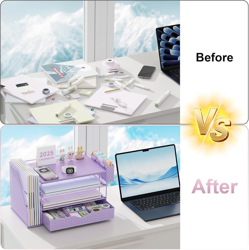 gianotter Wood Desk Organizers and Accessories with File Holder, 4-Tier Desk Accessories & Workspace Organizers with Drawer and Pen Holder, Paper Organizer for Office Supplies (Purple) - Image 2